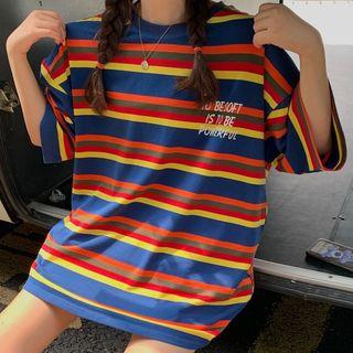 Striped Elbow-sleeve T-shirt Dress As Shown In Figure - One Size