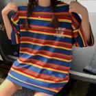 Striped Elbow-sleeve T-shirt Dress As Shown In Figure - One Size