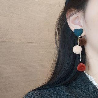 Pom Pom Drop Earring 1 Pair - S925 Silver Needle - Dark Green & Dark Red & Light Orange & Red - One Size