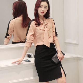 Set: Tie-neck Chiffon Blouse + Pencil Skirt