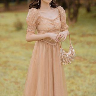 Puff-sleeve Mesh Overlay Midi A-line Dress