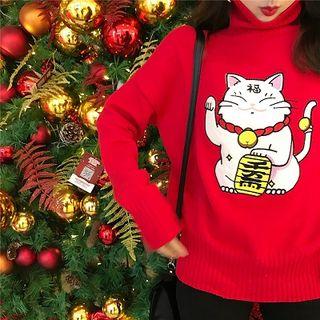 Cat Print Turtle-neck Loose-fit Sweater