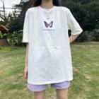 Butterfly Print Elbow-sleeve T-shirt White - One Size