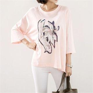Raglan-sleeve Flower Pattern T-shirt