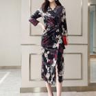 Flower Print Lace Trim Long-sleeve Midi Dress