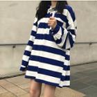 Long-sleeve Striped Boxy Polo Shirt Stripes - Blue & White - One Size