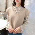 Heart Patterned Long-sleeve Chiffon Blouse/ V-neck Sweater Vest