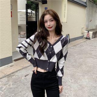 Argyle Cropped Cardigan Gray & White - One Size