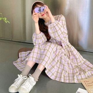 Balloon-sleeve Plaid Tiered Dress