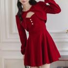 Balloon-sleeve Cut-out Velvet Mini A-line Dress