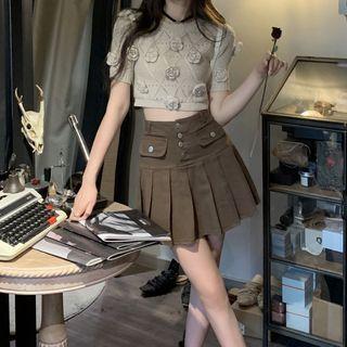 Short-sleeve Embroidered Knit Top / High-waist Pleated A-line Mini Skirt