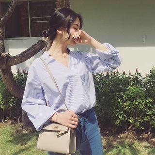 Striped V-neck Blouse Blue - One Size
