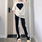 Elbow-sleeve Heart Print T-shirt / Striped Sweatpants / Set