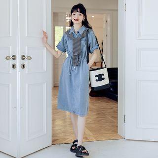 Set: Short-sleeve Denim Midi Shirt Dress + Scarf