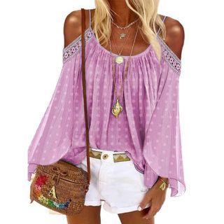 Long-sleeve Cold Shoulder Lace Trim Top