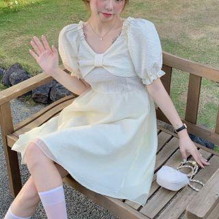 Puff-sleeve Ribbon Mini A-line Dress Almond Beige - One Size