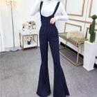 Plain Long-sleeve T-shirt / Striped Boot-cut Suspender Pants