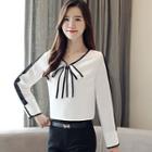 Contrast Trim Bow Accent Long-sleeve Chiffon Blouse