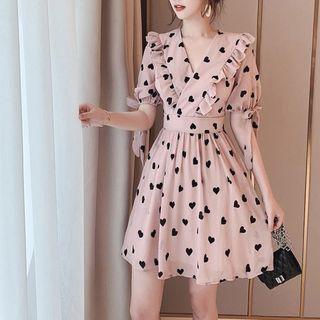 Chiffon Ruffle Trim Heart Print Short-sleeve Dress