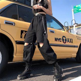 Removable Chain-accent Drawstring Straight-cut Pants