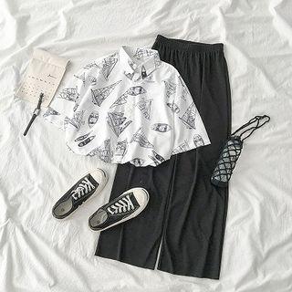 Print Loose-fit Short-sleeve Blouse / Plain High-waist Loose-fit Pants