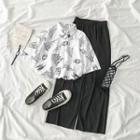 Print Loose-fit Short-sleeve Blouse / Plain High-waist Loose-fit Pants