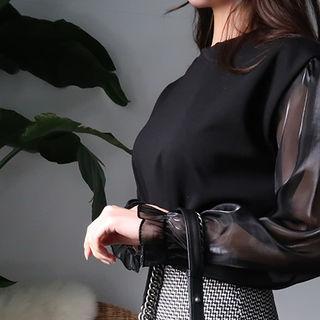 Round-neck Frilled Tulle-sleeve Top