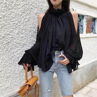 Off-shoulder Chiffon Long-sleeve Top / Distressed High-waist Jeans