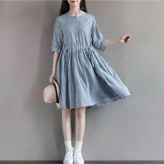 Striped Drawstring Waist Elbow-sleeve Dress