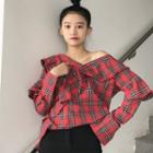 Plaid Ruffle V-neck Blouse As Shown In Figure - One Size