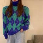 Color-block Turtle-neck Loose-fit Sweater Green - One Size