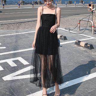 Spaghetti-strap Mesh Panel Maxi A-line Dress