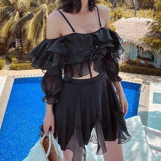 Set: Puff-sleeve Cold-shoulder Mesh Top + Swim Skirt