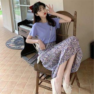Set: Short Sleeve Plain T-shirt + Floral Print Maxi A-line Skirt