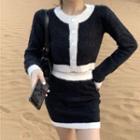 Cropped Contrast Trim Cardigan / Knit Mini Fitted Skirt