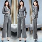 Set: Plain Long-sleeve V-neck Blouse + Wide-leg Pants