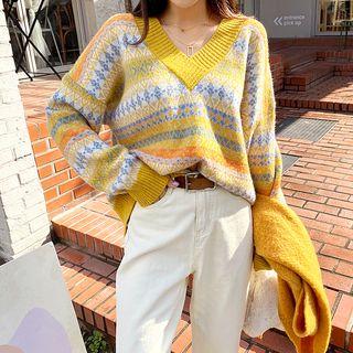 V-neck Nordic-pattern Sweater