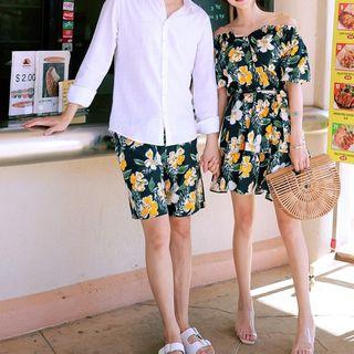 Couple Matching Floral Elbow-sleeve A-line Dress / Swim Shorts