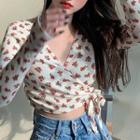 Long-sleeve Floral Print Wrap Crop Top Floral Print - Red - One Size