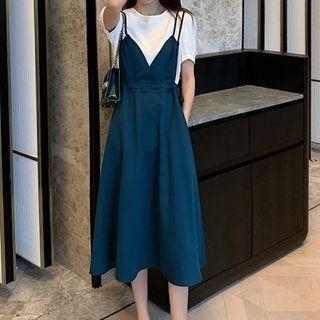 Set: Puff-sleeve Top + Strappy Midi A-line Dress