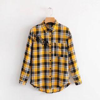 Long-sleeve Embroidered Plaid Shirt