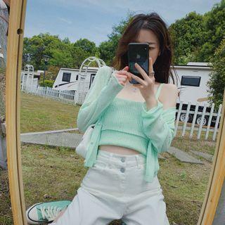 Set: Cropped Knit Camisole Top + Rhinestone Cardigan
