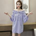 Bow Pinstripe Off-shoulder 3/4-sleeve Dress