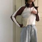 Long-sleeve Turtle-neck Color Panel Knit Top