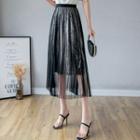Pleated Embellished Midi A-line Mesh Skirt