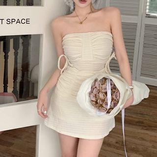 Long-sleeve Collar Crop Top / Strapless Top / Mini Pencil Skirt