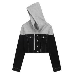 Mock Two-piece Denim Panel Cropped Hoodie