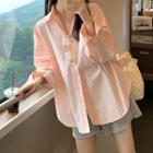 Striped Loose-fit Long-sleeve Shirt Pink - One Size
