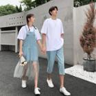 Couple Matching Elbow-sleeve T-shirt / Cropped Jeans / Midi Denim Dungaree Dress