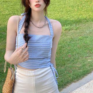 Sleeveless Check Slim-fit Halter Top As Figure - One Size